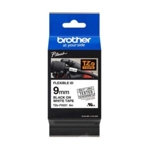 brother tzefx221 cinta laminada flexible original de etiquetas texto negro sobre fondo blanco ancho 9mm x 8 metros