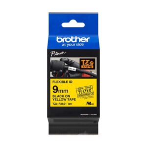 brother tzefx621 cinta laminada flexible original de etiquetas texto negro sobre fondo amarillo ancho 9mm x 8 metros