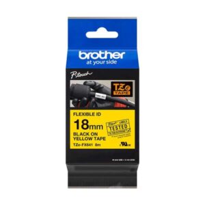 brother tzefx641 cinta laminada flexible original de etiquetas texto negro sobre fondo amarillo ancho 18mm x 8 metros