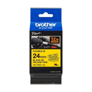 brother tzefx651 cinta laminada flexible original de etiquetas texto negro sobre fondo amarillo ancho 24mm x 8 metros