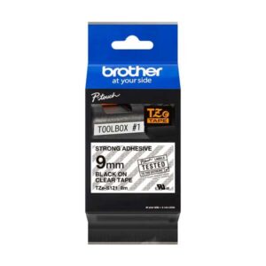 brother tzes121 cinta laminada super adhesiva original de etiquetas texto negro sobre fondo transparente ancho 9mm x 8 metros