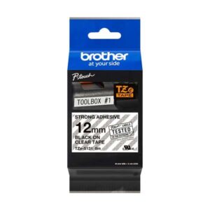 brother tzes131 cinta laminada super adhesiva original de etiquetas texto negro sobre fondo transparente ancho 12mm x 8 metros