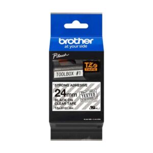 brother tzes151 cinta laminada super adhesiva original de etiquetas texto negro sobre fondo transparente ancho 24mm x 8 metros