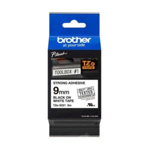 brother tzes221 cinta laminada super adhesiva original de etiquetas texto negro sobre fondo blanco ancho 9mm x 8 metros