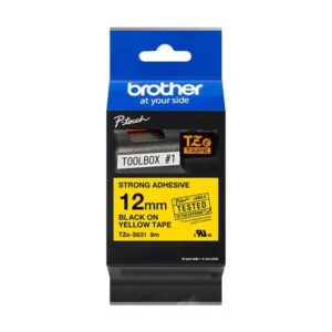 brother tzes631 cinta laminada super adhesiva original de etiquetas texto negro sobre fondo amarillo ancho 12mm x 8 metros