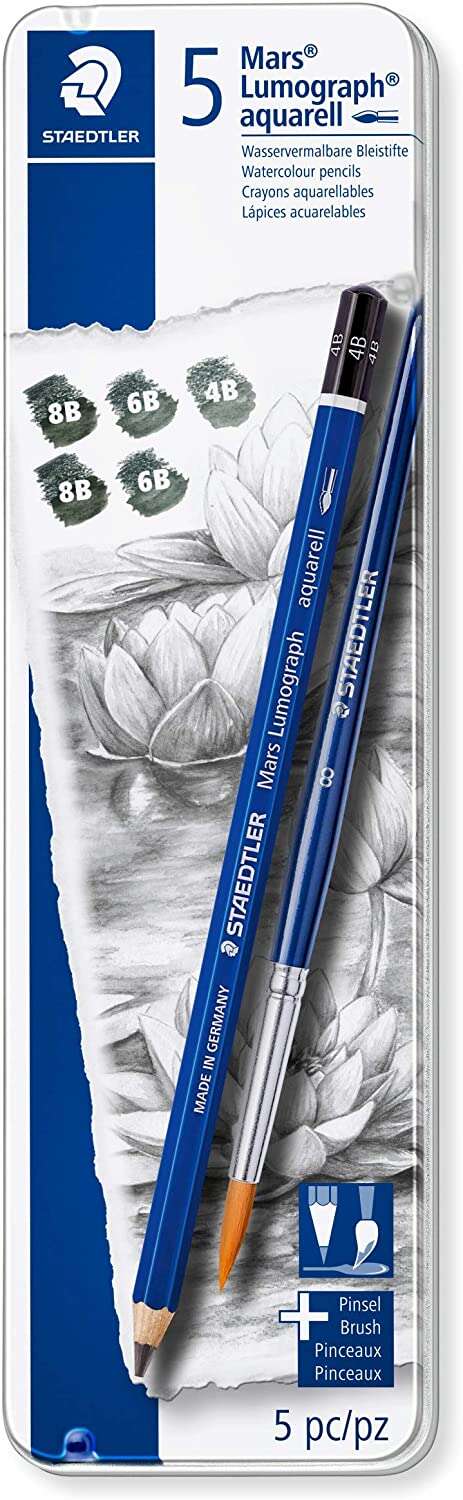 staedtler mars lumograph aquarell 100a pack de 5 lapices de grafito + pincel resistencia a la rotura graduaciones surtidas