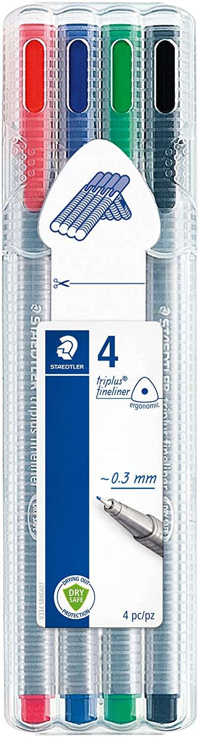 staedtler triplus fineliner 334 pack de 4 rotuladores de punta fina trazo 0.3 mm aprox tinta base de agua colores surtidos