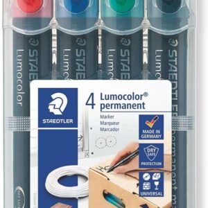staedtler lumocolor 352 pack de 4 marcadores permanentes secado rapido practico estuche de sobremesa colores rojo, azul, verde y negro