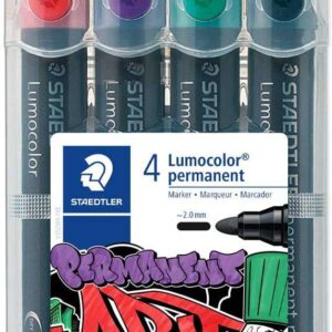 staedtler lumocolor 352 pack de 4 marcadores permanentes secado rapido practico estuche de sobremesa colores rojo, morado, verde y negro