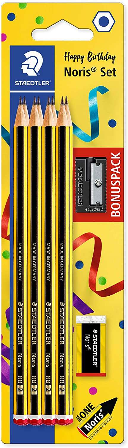 staedtler noris 120 pack de 8 lapices de grafito hexagonales + goma de borrar + sacapuntas mina hb ultrarresistente de 2mm madera de bosques sostenibles