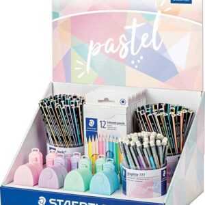 staedtler expositor con 182 piezas surtidas modelos lapices noris 118, lapices noris 119, portaminas graphite 777, estuches 146 c, gomas 525 ps1, afilalapices 512 ps2