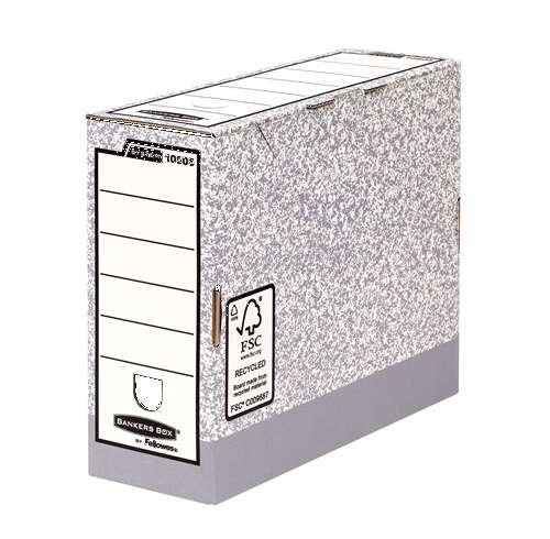 fellowes bankers box caja de archivo definitivo 100mm a4 montaje automatico fastfold carton reciclado certificacion fsc color gris