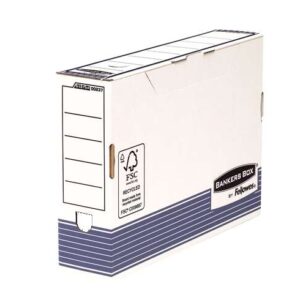 fellowes bankers box caja de archivo definitivo 80mm folio montaje fastfold carton con certificacion fsc medidas internas 80x 360x255mm color blanco/azul