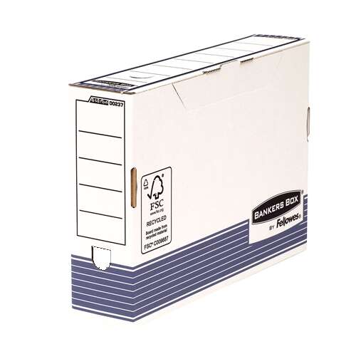 fellowes bankers box caja de archivo definitivo 80mm folio montaje fastfold carton con certificacion fsc medidas internas 80x 360x255mm color blanco/azul