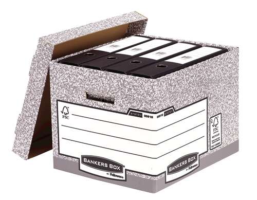 fellowes bankers box contenedor de archivos montaje automatico fastfold carton reciclado certificacion fsc color gris