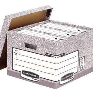 fellowes bankers box contenedor de archivos folio montaje automatico fastfold carton reciclado certificacion fsc color gris