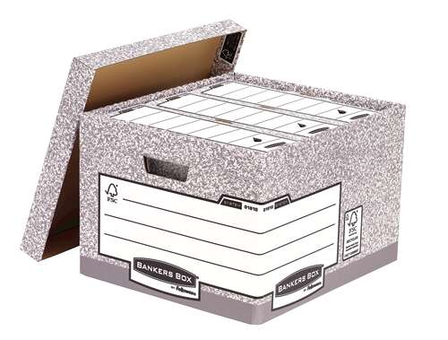 fellowes bankers box contenedor de archivos folio montaje automatico fastfold carton reciclado certificacion fsc color gris