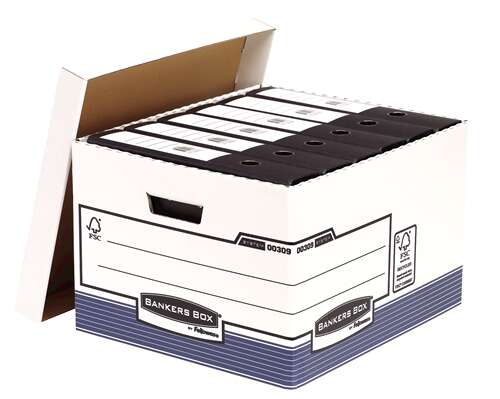 fellowes bankers box contenedor de archivos folio montaje automatico fastfold carton reciclado certificacion fsc