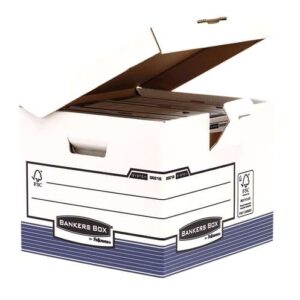 fellowes bankers box contenedor de archivos tapa fija montaje automatico fastfold carton reciclado certificacion fsc