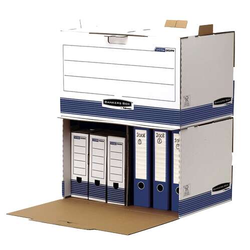 fellowes bankers box contenedor de archivos acceso frontal montaje manual carton reciclado certificacion fsc