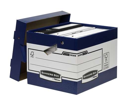 fellowes bankers box contenedor de archivos con asas ergonomicas ergo box montaje automatico fastfold carton reciclado certificacion fsc