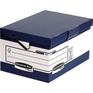 fellowes bankers box ergo stor maxi contenedor de archivos con asas ergonomicas tapa fija montaje automatico fastfold carton reciclado certificacion fsc