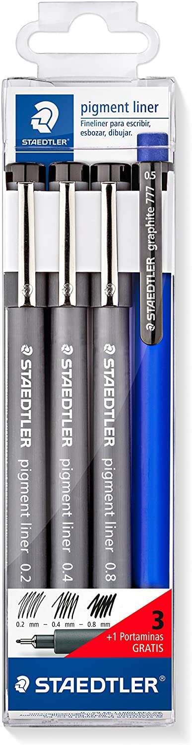staedtler pigment liner 308 pack de 3 rotuladores calibrados 0,2 0,4 y 0,8mm + 1 portaminas 0.5mm secado rapido color negro