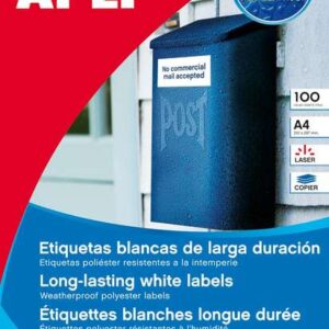 apli pack de 100 etiquetas resistentes intemperie 210 x 297mm poliester con acabado mate cantos rectos color blanco