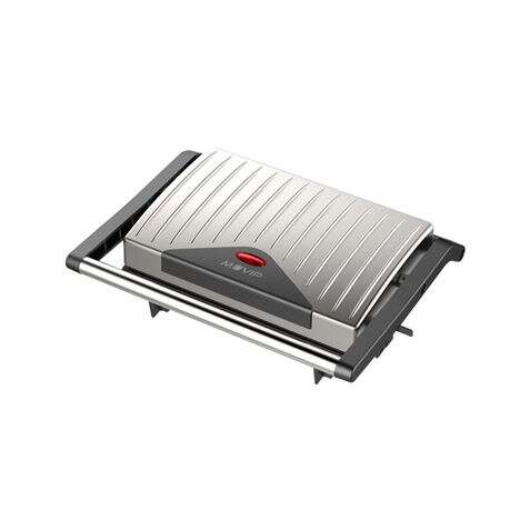 muvip sandwichera inox placa lisa 750w placa superior basculante presion uniforme asa tacto frio