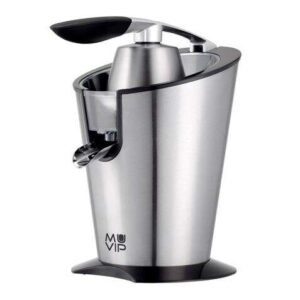 muvip exprimidor electrico inox 600w cuerpo, mango y filtro de acero inoxidable sistema antigoteo 2 tamaños de conos