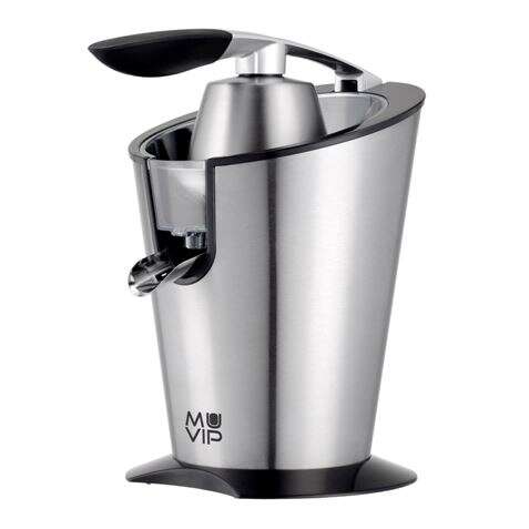 muvip exprimidor electrico inox 600w cuerpo, mango y filtro de acero inoxidable sistema antigoteo 2 tamaños de conos