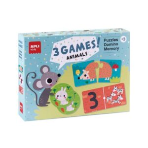 apli set de 3 juegos animales: 1 puzzle de 24 piezas, 1 domino de 36 piezas y 1 memory de 24 piezas recomendado para niños a partir de 3 años