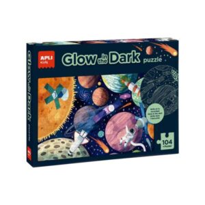 apli glow in the dark puzzle fluorescente de 104 piezas 5x5cm tematica sistema solar poster para facilitar montaje recomendado para niños a partir de 5 años