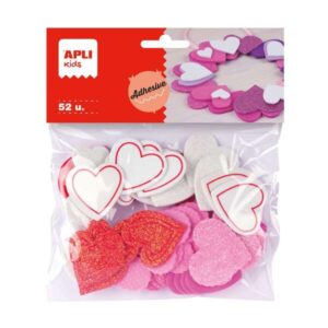 apli pack de 52 corazones adhesivos de goma eva con acabado purpurina medidas y diseños surtidos material suave y seguro colores surtidos