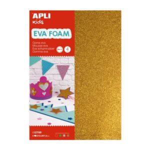 apli pack de 4 planchas de goma eva purpurina a4 grosor 2 mm impremeable moldeable al calor colores oro, plata, rojo y verde