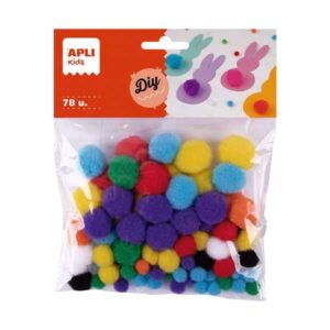 apli pack de 78 pompones medidas surtidas: Ø 8 mm, Ø 10 mm, Ø 12 mm, Ø 15 mm y Ø 20 mm — colores surtidos