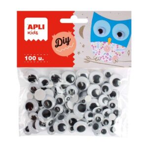 apli pack de 100 ojos moviles redondos adhesivos medidas surtidas Ø 7 mm, Ø 10 mm, Ø 12 mm y Ø 15 mm color negro
