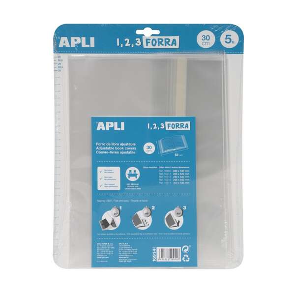 apli pack de 5 forros para libros 300mm de polipropileno 75 micras solapa autoajustable facil forrado en 3 pasos sin necesidad de cortar ni usar cinta adhesiva transparente