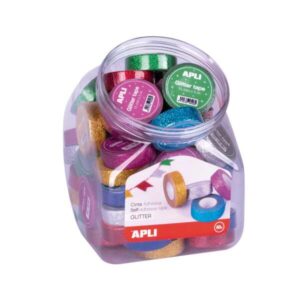 apli expositor con 60 cintas adhesivas glitter opacas 15 mm x 5 m facil de cortar colores surtidos