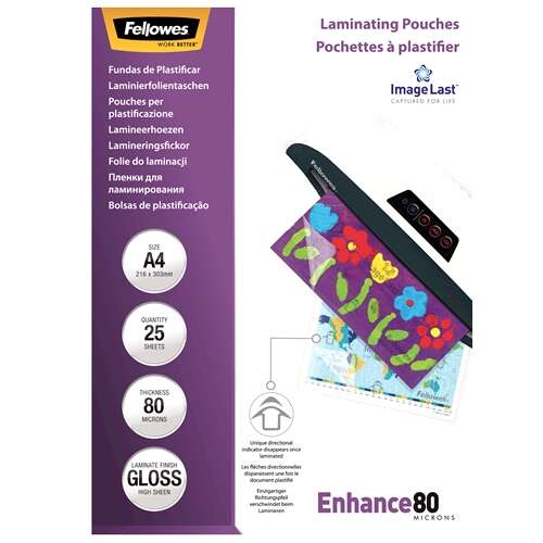 fellowes pack de 25 fundas para plastificar brillo a4 80 micras alta calidad transparente