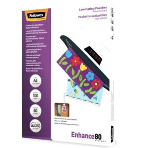 fellowes pack de 100 fundas autoadhesivas para plastificar brillo a4 80 micras alta calidad transparente