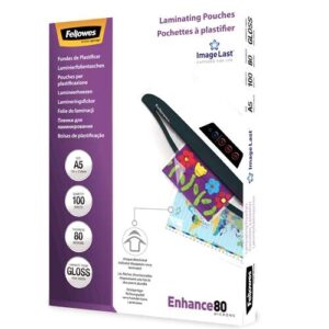 fellowes pack de 100 fundas para plastificar brillo a5 80 micras alta calidad transparente
