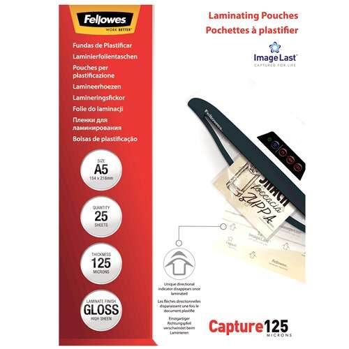 fellowes pack de 25 fundas para plastificar brillo a5 125 micras alta calidad transparente