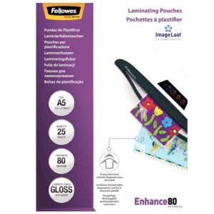 fellowes pack de 25 fundas para plastificar brillo a5 80 micras alta calidad transparente