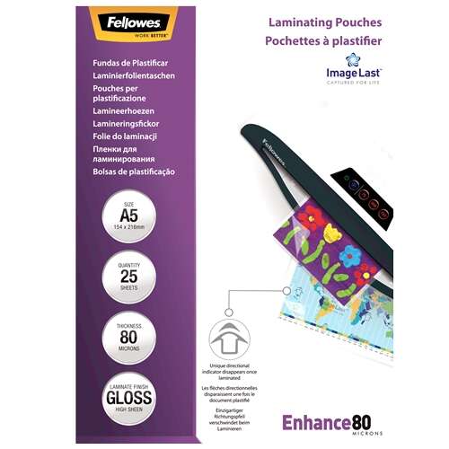 fellowes pack de 25 fundas para plastificar brillo a5 80 micras alta calidad transparente