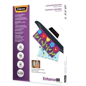 fellowes pack de 100 fundas autoadhesivas para plastificar brillo a3 80 micras alta calidad transparente