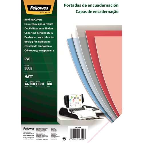 fellowes pack de 100 portadas para encuadernar de pvc a4 180 micras alta calidad color azul