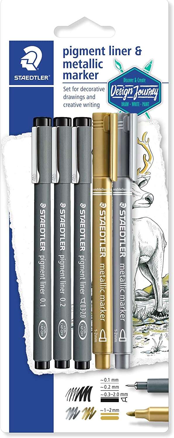 staedtler pigment liner 308 pack de 5 rotuladores calibrados tinta resistente a la luz y agua para escribrir, esborzar y dibujar colores surtidos