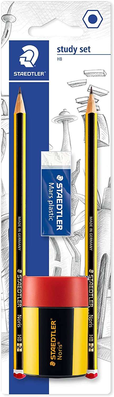 staedtler 120 pack de 2 lapices de grafito 2hb hexagonales + 1 sacapuntas con deposito + 1 goma de borrar mars plastic madera de bosques sostenibles resistencia a la rotura