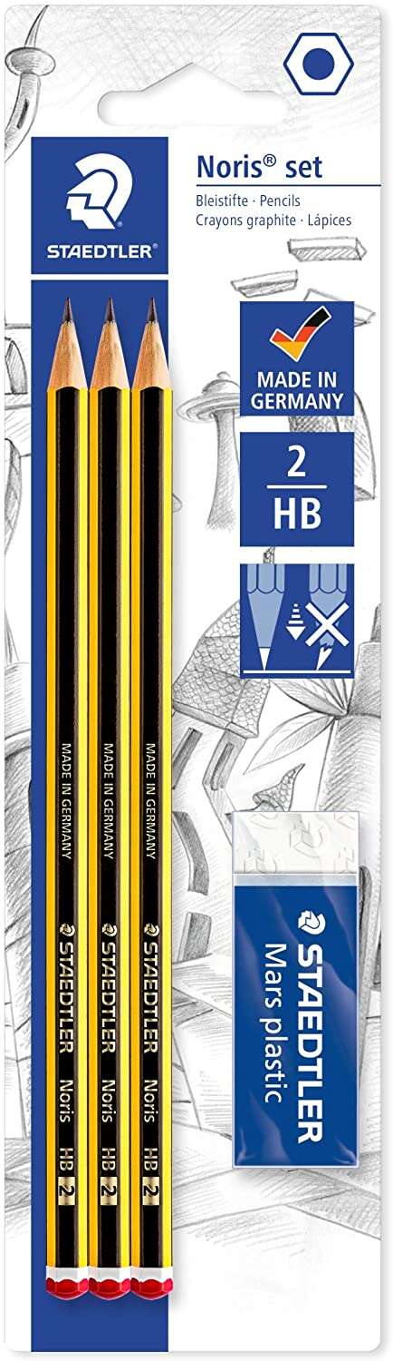 staedtler noris 120 pack de 3 lapices de grafito hexagonales 2hb + 1 gomas de borrar mars plastic madera de bosques sostenibles